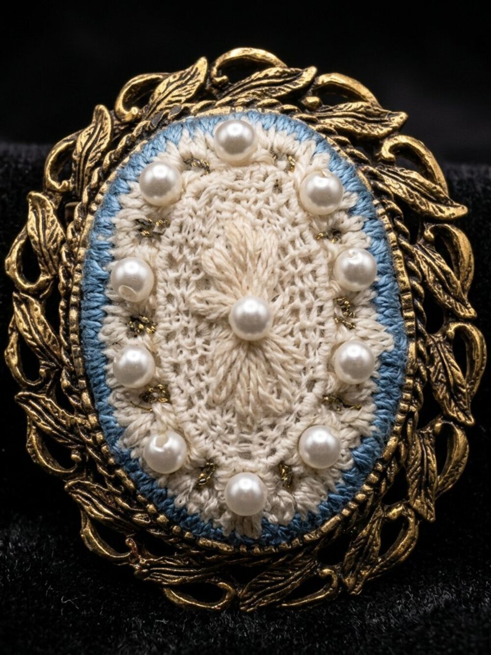 Vintage Gold Tone Crochet & Faux Pearl Oval Brooch | Victorian Revival